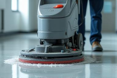 Cleaning professional using a powerful scrubbing machine for deep cleaning a floor surface