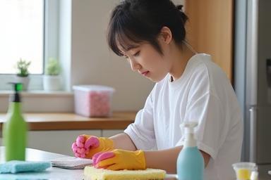 Student practicing residential cleaning techniques in a modern home kitchen