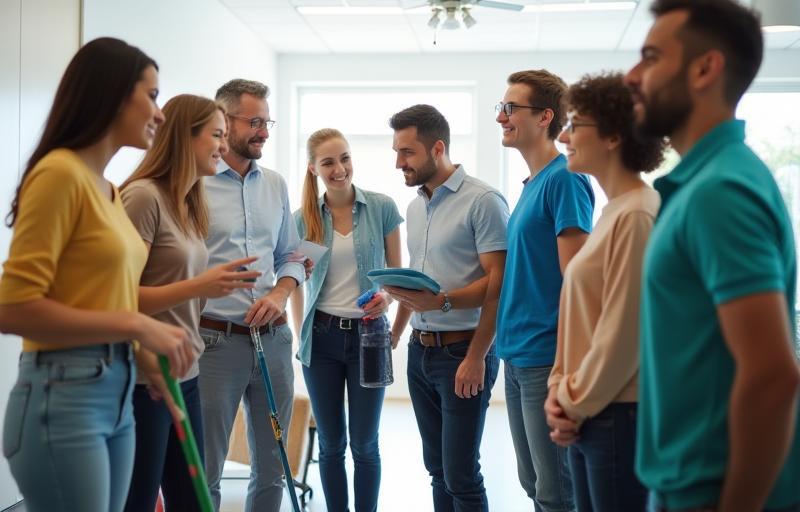 Diverse group of cleaning training students and their instructor looking at a cleaning demonstration